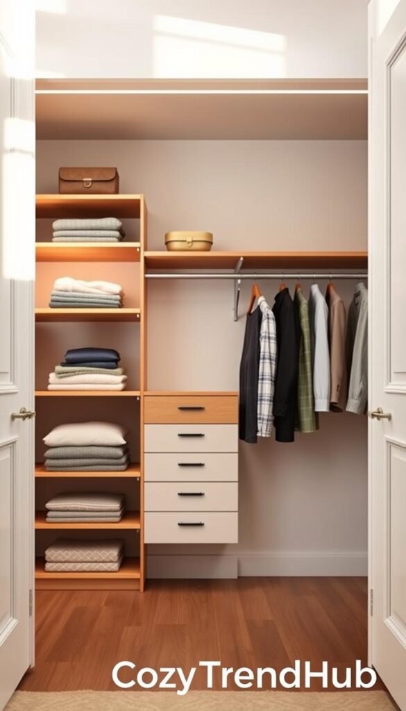 A modern, elegant closet design featuring the ClosetMaid SuiteSymphony closet system, showcasing neatly organized shelves and hanging spaces in a bright, spacious room. The foreground includes a beautifully styled open closet with folded clothes and accessories arranged harmoniously. In the middle, stylish wooden shelves and a combination of hanging rods create a practical yet aesthetically pleasing look. The background features a soft, neutral-colored wall with natural light pouring in from a large window, enhancing the welcoming atmosphere. Incorporate soft, warm lighting to highlight the textures of the cabinetry. The overall mood should evoke a sense of calm and organization, ideal for a chic home environment. Include the brand name "CozyTrendHub" subtly in the setting, ensuring a Pinterest-style lifestyle vibe without any text or watermarks. A modern, elegant closet design featuring the ClosetMaid SuiteSymphony closet system, showcasing neatly organized shelves and hanging spaces in a bright, spacious room. The foreground includes a beautifully styled open closet with folded clothes and accessories arranged harmoniously. In the middle, stylish wooden shelves and a combination of hanging rods create a practical yet aesthetically pleasing look. The background features a soft, neutral-colored wall with natural light pouring in from a large window, enhancing the welcoming atmosphere. Incorporate soft, warm lighting to highlight the textures of the cabinetry. The overall mood should evoke a sense of calm and organization, ideal for a chic home environment. Include the brand name "CozyTrendHub" subtly in the setting, ensuring a Pinterest-style lifestyle vibe without any text or watermarks.