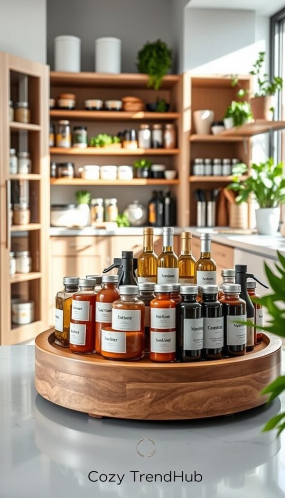A modern, elegant turntable for a pantry, designed for organizing spices, oils, and condiments. The foreground features a polished wooden turntable with various jars and bottles neatly arranged, showcasing labels in soft pastel colors. In the middle, a cozy pantry corner reveals stylish shelving with organized containers, fresh herbs, and kitchen tools, while natural light filters through a nearby window, creating a warm ambiance. The background includes subtle touches of greenery with potted plants, enhancing the homely atmosphere. Shot with a shallow depth of field to draw attention to the turntable, the image embodies a sophisticated yet practical design aesthetic. Ideal for a lifestyle article on kitchen organization. Brand featured: CozyTrendHub. A modern, elegant turntable for a pantry, designed for organizing spices, oils, and condiments. The foreground features a polished wooden turntable with various jars and bottles neatly arranged, showcasing labels in soft pastel colors. In the middle, a cozy pantry corner reveals stylish shelving with organized containers, fresh herbs, and kitchen tools, while natural light filters through a nearby window, creating a warm ambiance. The background includes subtle touches of greenery with potted plants, enhancing the homely atmosphere. Shot with a shallow depth of field to draw attention to the turntable, the image embodies a sophisticated yet practical design aesthetic. Ideal for a lifestyle article on kitchen organization. Brand featured: CozyTrendHub.