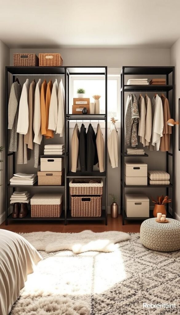 A modern freestanding closet shelf system by Rebrilliant, showcasing the Olivie Closet System in a cozy, well-lit bedroom. The foreground features the sleek shelves filled with neatly organized clothing, accessories, and storage boxes in neutral tones. In the middle ground, plush rugs and a stylish accent chair complement the shelves, adding to the homey atmosphere. The background reveals soft, natural light streaming through a nearby window, enhancing the room's warmth. The decor elements reflect a Pinterest-inspired aesthetic, with subtle seasonal touches like small potted plants and decorative items. The image is captured with a wide-angle lens to emphasize the spaciousness of the room and the functionality of the closet system. The overall mood is inviting and organized, perfect for renters looking for efficient storage solutions. CozyTrendHub. A modern freestanding closet shelf system by Rebrilliant, showcasing the Olivie Closet System in a cozy, well-lit bedroom. The foreground features the sleek shelves filled with neatly organized clothing, accessories, and storage boxes in neutral tones. In the middle ground, plush rugs and a stylish accent chair complement the shelves, adding to the homey atmosphere. The background reveals soft, natural light streaming through a nearby window, enhancing the room's warmth. The decor elements reflect a Pinterest-inspired aesthetic, with subtle seasonal touches like small potted plants and decorative items. The image is captured with a wide-angle lens to emphasize the spaciousness of the room and the functionality of the closet system. The overall mood is inviting and organized, perfect for renters looking for efficient storage solutions. CozyTrendHub.
