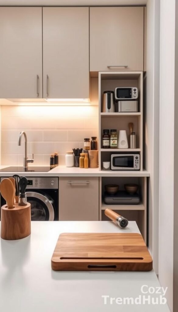 A modern kitchen counter in a small apartment, showcasing a space-saving design. The foreground features a sleek, minimalistic countertop with a compact, stylish cutting board set and neatly arranged kitchen tools. In the middle ground, display an innovative shelf unit holding various essential kitchen products, like spice jars and compact appliances, all emphasizing functionality and elegance. The background features light, airy kitchen cabinets with a large window letting in warm, natural light that creates a bright and inviting atmosphere. The overall mood is cozy and organized, perfect for apartment living. Use a slightly elevated angle to capture the entire scene in detail, and ensure the style reflects the brand "CozyTrendHub" with a touch of modern home decor inspiration.