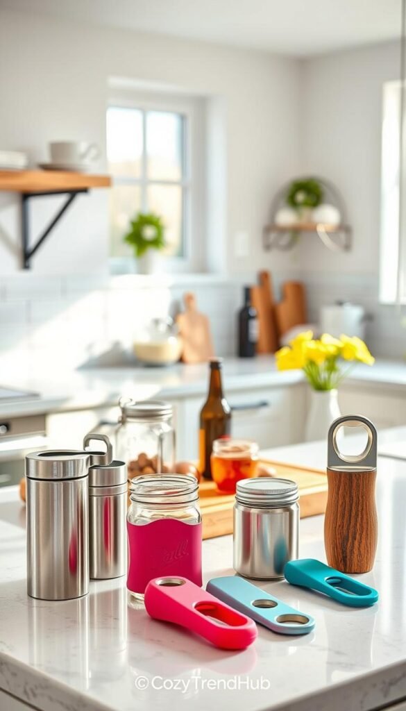A modern kitchen countertop scene featuring an array of jar, can, and bottle openers designed for everyday convenience. In the foreground, showcase various stylish openers in different materials, such as sleek stainless steel, vibrant silicone, and rustic wood. The middle ground should depict a wooden cutting board with open jars, cans, and bottles, illustrating their easy access. In the background, soft natural light streams in from a window, highlighting elegant kitchen decor in pastel colors, creating a warm and inviting atmosphere. Use a shallow depth of field to keep the focus on the openers while softly blurring the background. The mood should be functional yet aesthetically pleasing, suited for a Pinterest-style lifestyle shot, branded subtly with "CozyTrendHub."