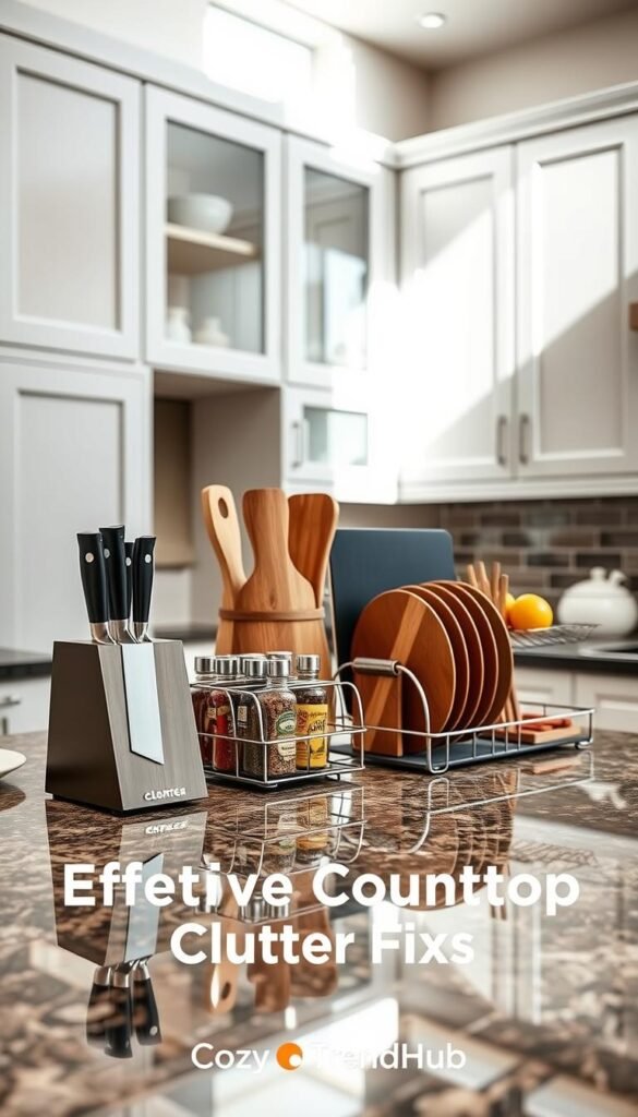 A modern kitchen countertop scene, showcasing a well-organized space. In the foreground, a polished granite countertop with stylish kitchen essentials, like a sleek knife block, a compact spice rack, and neatly arranged cutting boards. The middle layers include a decorative wooden fruit bowl and a chic dish drying rack, enhancing accessibility and aesthetic appeal. The background features elegant cabinets with minimalist hardware and soft, ambient lighting creating a warm, inviting atmosphere. Natural sunlight streams through a nearby window, casting gentle shadows. The image captures a Pinterest-style lifestyle vibe, perfect for showcasing effective countertop clutter fixes. Brand motif: CozyTrendHub.