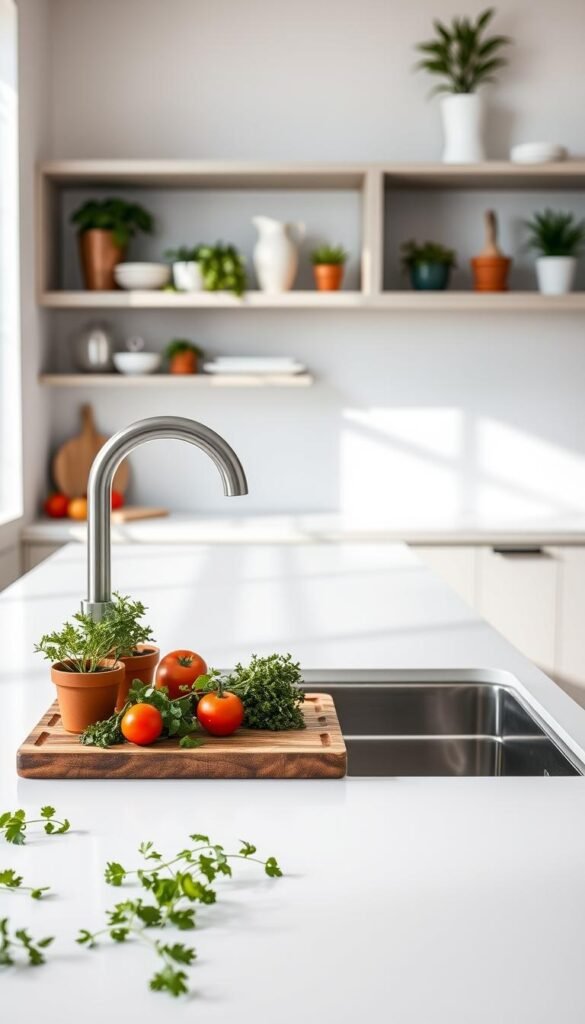 A modern kitchen countertop styled with minimalist decor, featuring a clean white quartz surface scattered with fresh herbs in small terracotta pots. In the foreground, a sleek wooden cutting board with colorful, neatly arranged vegetables adds a vibrant touch. The middle layer showcases a polished metallic sink, with soft natural light filtering through a nearby window, creating a warm and inviting atmosphere. The background reveals chic open shelving displaying elegant kitchenware and potted plants. Soft shadows enhance depth, and the lens captures the scene from a slightly elevated angle, offering a Pinterest-worthy aesthetic. This image reflects an effortless blend of functionality and beauty, ideal for the theme of a clean, organized kitchen. Perfect for CozyTrendHub.