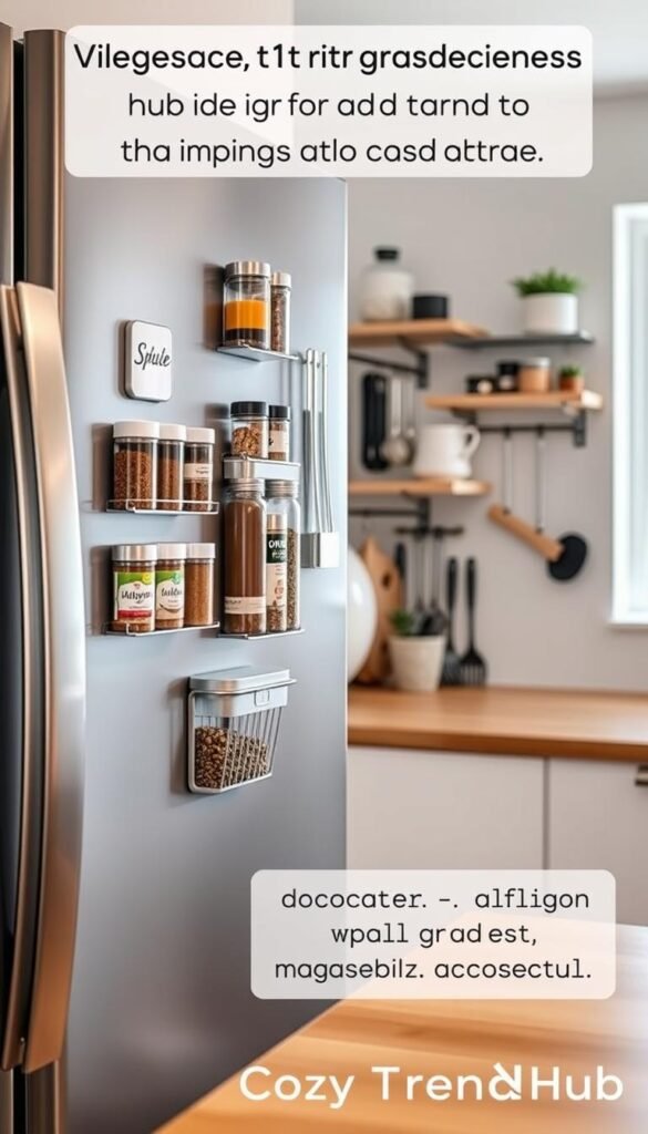 A modern kitchen featuring a side view of a refrigerator adorned with stylish magnetic organizers. In the foreground, there are neatly organized containers holding spices and condiments, showcasing a practical yet aesthetic approach. The middle ground highlights a collection of magnetic shelves displaying neatly arranged kitchen tools and utensils, enhancing accessibility. The background presents a minimalist kitchen atmosphere with soft, natural lighting coming from a window, illuminating the decor and giving a warm, inviting feel. The overall mood is fresh and organized, reflecting efficient small space organization. The style is Pinterest-worthy, appealing to a lifestyle audience, with a branding element subtly placed: "CozyTrendHub".