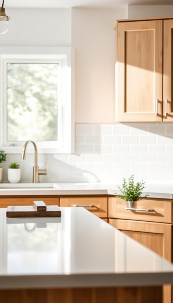 A modern kitchen featuring a stylish peel-and-stick backsplash for a clean and elegant look. In the foreground, focus on a sleek countertop with minimalist accessories like a cutting board and a few fresh herbs in small pots. In the middle ground, showcase the backsplash, composed of glossy white subway tiles interspersed with soft pastel accents, reflecting natural light beautifully. The backsplash is complemented by light, shaker-style cabinetry in a warm wood finish. In the background, a bright window allows soft, diffused sunlight to illuminate the space, enhancing the inviting atmosphere. The mood is fresh, modern, and cozy, perfect for a rental upgrade. Capture this scene in a Pinterest-style lifestyle photograph, reminiscent of CozyTrendHub aesthetics, with a wide-angle lens for depth and clarity, emphasizing the stylish kitchen decor.