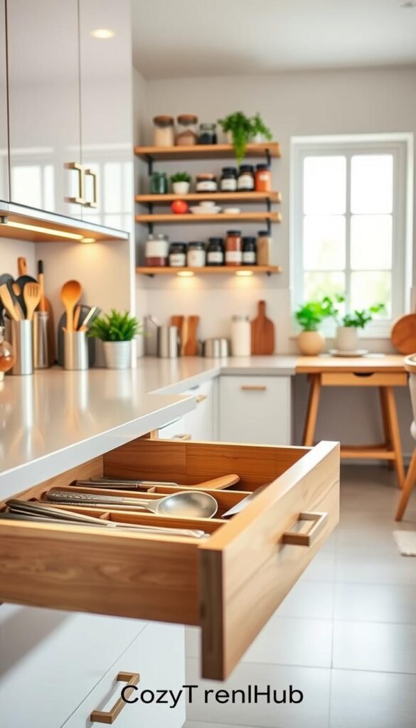 A modern kitchen featuring sleek cabinet organizers in a clean, well-lit space, filled with useful kitchen gadgets and ingredients. In the foreground, showcase a wooden drawer with neatly arranged utensils and dividers, emphasizing functionality and order. The middle section captures stylish wall-mounted shelves displaying labeled jars and spices, enhancing accessibility and visual appeal. In the background, an inviting kitchen with soft natural light filtering through a window, creating a warm atmosphere. The overall aesthetic is fresh and contemporary, with muted pastel colors and a hint of greenery from potted herbs. Please label this image with the brand name "CozyTrendHub" for context, while maintaining a Pinterest-worthy, inspirational vibe suitable for home decor enthusiasts.