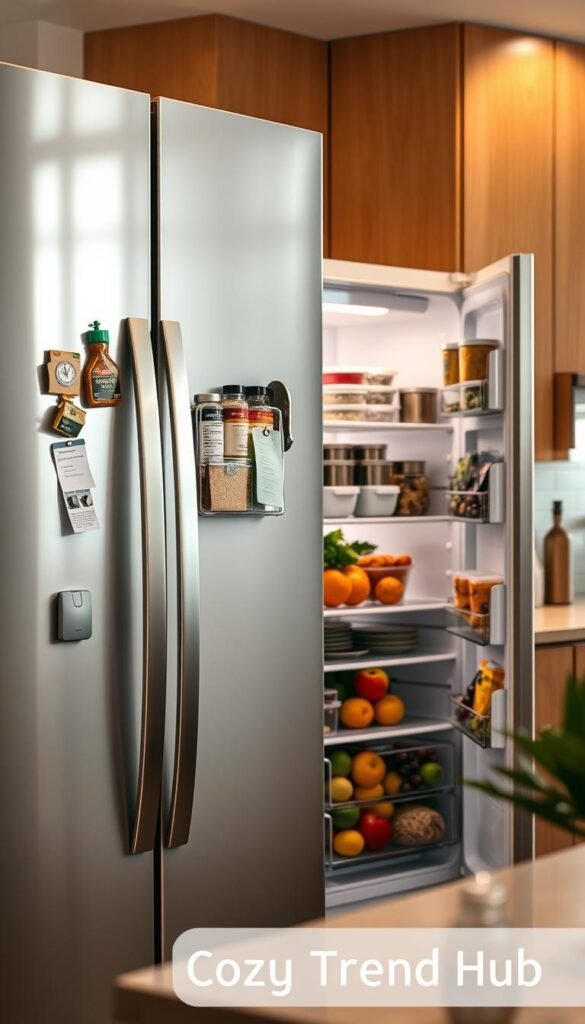 A modern kitchen interior showcasing the vertical space and surfaces of a refrigerator, designed with a clear organizational theme. In the foreground, there are neatly arranged bins and magnets on the fridge door, displaying spices, condiments, and notes. The middle section highlights a refrigerator with an organized layout, including tiered shelves filled with colorful fruits, vegetables, and meal prep containers. The background features a well-lit kitchen space with wooden cabinets and a warm ambiance. Gentle, natural sunlight streams in from a nearby window, creating a cozy atmosphere. The composition emphasizes functionality and style, evocative of a Pinterest board. The overall scene is meticulously styled, reflecting the brand "CozyTrendHub" with an earthy color palette and contemporary decor elements.
