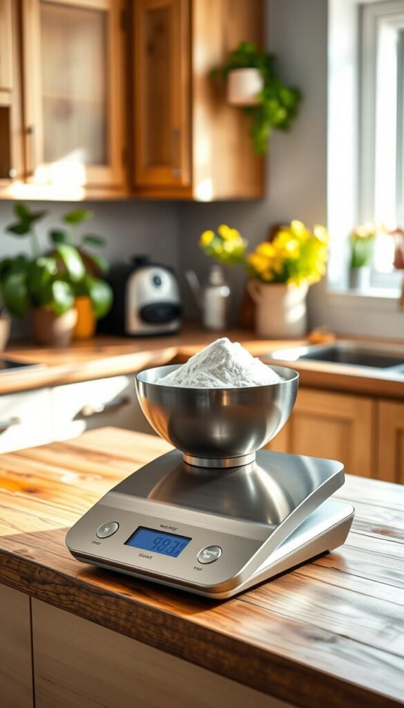 A modern kitchen scale sits elegantly on a rustic wooden countertop, showcasing its sleek stainless steel design. In the foreground, a bowl filled with fresh ingredients like flour and sugar sits on the scale, emphasizing its functionality. The middle ground presents a bright, well-lit kitchen with wooden cabinets and vibrant plants, creating a warm atmosphere. The background features softly blurred kitchen utensils, hinting at a cozy cooking environment. Soft, natural lighting floods in from a nearby window, casting gentle shadows that enhance the scale's polished surface. The image embodies a Pinterest-style lifestyle photo, ideal for a home decor theme, showcasing the innovative kitchen gadget by CozyTrendHub, promoting efficiency and a clutter-free kitchen.