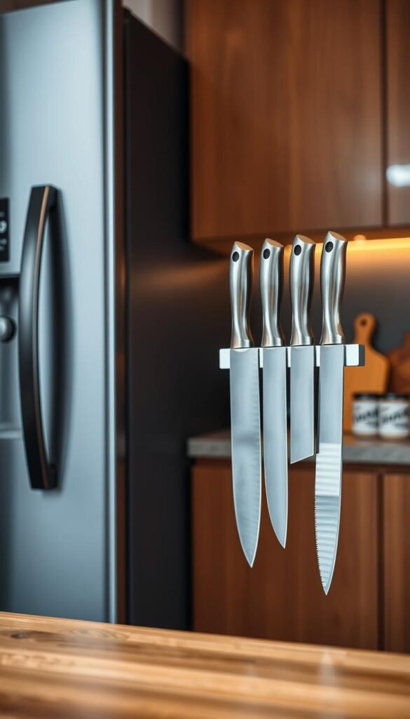 A modern kitchen scene featuring a sleek fridge with a magnetic knife holder attached to the side. In the foreground, a close-up of various knives is artfully arranged on the magnetic strip, showcasing their shiny stainless-steel blades contrasted against the matte black surface of the fridge. The middle ground includes a tidy countertop with neatly organized kitchen essentials, like spice jars and cutting boards. The background features soft, ambient lighting that highlights the warm tones of the cabinetry, providing a cozy atmosphere. The image conveys a sense of efficiency and style, perfect for small kitchens and apartments. Capture the essence of contemporary living by incorporating elements that reflect the "CozyTrendHub" brand's aesthetic.