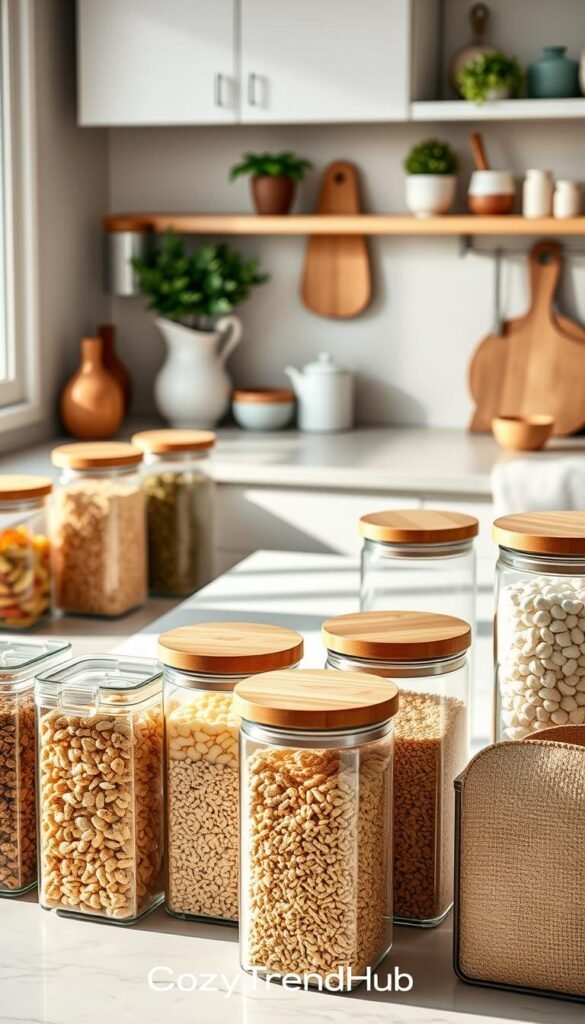 A modern kitchen scene showcasing a collection of airtight dry goods containers, perfect for storing cereal, flour, rice, and snacks. In the foreground, beautifully arranged clear containers with elegant wooden lids, filled with various pantry staples. The middle ground features a stylish kitchen countertop adorned with a light-colored marble surface, accented by soft, natural light streaming in through a nearby window. The background includes tasteful culinary decor, like herb plants and tasteful kitchen utensils, enhancing the cozy atmosphere. The image captures a warm, inviting mood with a touch of sophistication, designed in a Pinterest-style aesthetic. Brand name &ldquo;CozyTrendHub&rdquo; is subtly represented through the design elements, creating an appealing lifestyle visual that resonates with home organization enthusiasts.