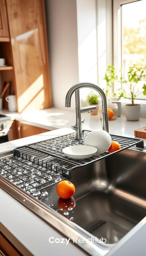 A modern kitchen scene showcasing a sleek stainless steel sink with a roll-up over-the-sink drying rack mat elegantly placed across it. In the foreground, the mat is adorned with sparkling clean dishes and vibrant fruits, with water droplets glistening under soft, natural morning sunlight streaming through a nearby window. The middle ground features the sink area, complemented by stylish kitchen utensils and minimalistic decor. In the background, warm wooden cabinetry and potted herbs create a cozy, inviting atmosphere. Use a bright, airy aesthetic, highlighting the functionality and beauty of the drying rack. Capture this in high detail with a shallow depth of field, emphasizing the sink and mat while softly blurring the background. The overall mood should reflect a fresh, organized, and inspiring kitchen environment, echoing the brand identity of "CozyTrendHub."