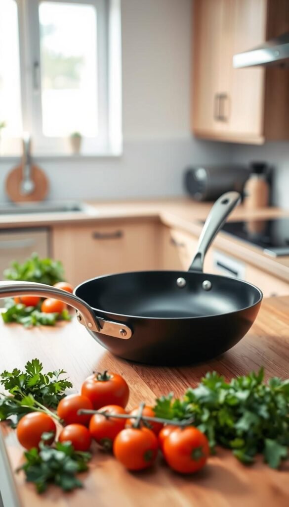 A modern kitchen scene showcasing a stylish, high-quality pan prominently placed on a warm wooden countertop. The pan is non-stick with a sleek black exterior and a polished stainless steel handle. In the foreground, fresh herbs and vibrant vegetables are artistically arranged around the pan, creating a sense of preparation and freshness. In the middle ground, a softly blurred background reveals a well-organized kitchen with light-colored cabinetry and natural light streaming through a nearby window, enhancing the inviting atmosphere. The lighting is bright and airy, emphasizing the vibrant colors of the food and the elegance of the cookware. This lifestyle image should evoke a sense of warmth and functionality, perfect for a cozy yet practical kitchen setup, embodying the spirit of CozyTrendHub.