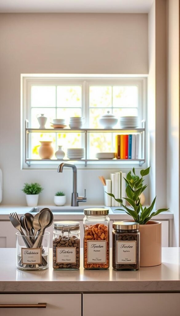 A modern kitchen scene showcasing effective organization solutions in a high-traffic area. In the foreground, a well-organized countertop features stylish, labeled containers with various kitchen items, such as utensils and spices. The middle layer reveals sleek, open shelving displaying color-coordinated dishware and cookbooks, highlighting both functionality and aesthetics. The background features a bright window allowing warm, natural light to flood the space, enhancing the inviting atmosphere. The kitchen walls are painted in soft pastel hues, complementing the cozy decor. The composition should feel clean and minimalist, with subtle decor elements like plants and decorative jars promoting a calm yet functional vibe. Capture this in a Pinterest-style lifestyle photo representing CozyTrendHub.