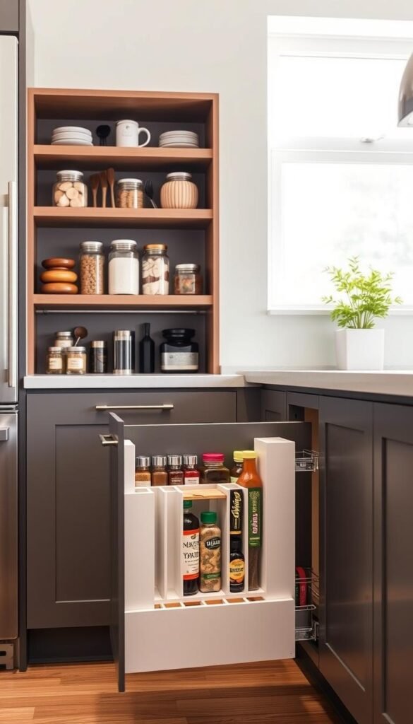 A modern kitchen setting featuring an organized and stylish storage solution that upgrades space efficiency. In the foreground, a sleek pull-out pantry drawer is filled with neatly arranged spices and condiments, showcasing clever use of vertical dividers. In the middle, a wall-mounted shelf is adorned with trendy glass jars and stylish kitchen tools, all harmonizing in a cohesive color palette of whites and soft pastels. The background includes a warm, inviting kitchen ambiance with soft, natural lighting pouring in from a nearby window, enhancing the cozy atmosphere. A hint of greenery with a small potted plant on the countertop adds to the inviting mood. This image reflects the essence of "CozyTrendHub," inspiring viewers to enhance their kitchen organization.