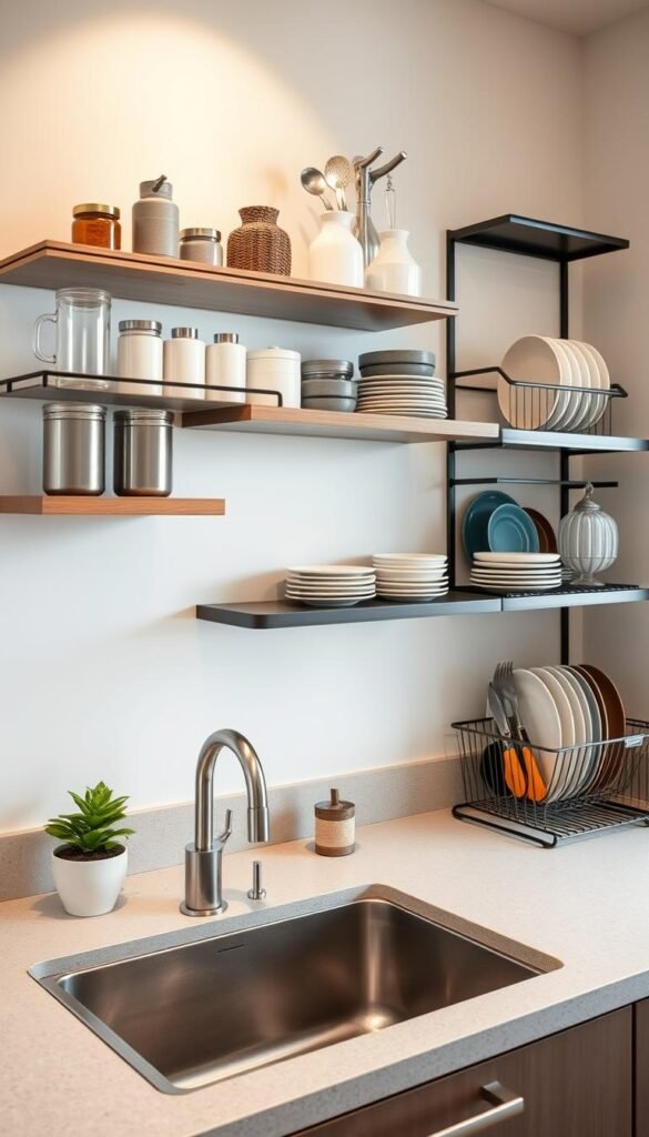 A modern kitchen sink area adorned with stylish storage solutions, featuring floating shelves above the sink filled with neatly organized dishware, cooking utensils, and decorative jars. The foreground includes a sleek stainless steel sink with contemporary faucet and a small potted plant on the countertop. In the middle ground, eye-catching open shelving displays colorful plates and bowls, while a chic dish rack holds drying dishes. The background shows soft, warm lighting filtering through a nearby window, casting a gentle glow on the clean, minimalist decor. The overall atmosphere is inviting and functional, embodying a Pinterest-inspired lifestyle. Ideal for a cozy apartment vibe, this image should reflect the brand "CozyTrendHub" in its elegant presentation.