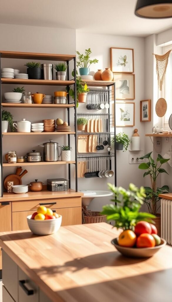 A modern kitchen storage setup ideal for apartments, featuring a stylish open shelving unit filled with neatly organized kitchenware, pots, and vibrant houseplants. In the foreground, a sleek wooden kitchen island displays colorful fruits and decorative jars, enhancing the lifestyle appeal. The middle ground includes a compact yet efficient wall-mounted rack holding utensils, spices, and cutting boards, with warm natural light streaming through a window, casting soft shadows. The background showcases a tasteful arrangement of artful kitchen decor, such as framed prints and artisanal wall hangings. The scene embodies a cozy, inviting atmosphere that reflects the essence of efficient small-space living. Captured with a wide-angle lens to emphasize depth and detail, exuding a Pinterest-style aesthetic. CozyTrendHub. A modern kitchen storage setup ideal for apartments, featuring a stylish open shelving unit filled with neatly organized kitchenware, pots, and vibrant houseplants. In the foreground, a sleek wooden kitchen island displays colorful fruits and decorative jars, enhancing the lifestyle appeal. The middle ground includes a compact yet efficient wall-mounted rack holding utensils, spices, and cutting boards, with warm natural light streaming through a window, casting soft shadows. The background showcases a tasteful arrangement of artful kitchen decor, such as framed prints and artisanal wall hangings. The scene embodies a cozy, inviting atmosphere that reflects the essence of efficient small-space living. Captured with a wide-angle lens to emphasize depth and detail, exuding a Pinterest-style aesthetic. CozyTrendHub.