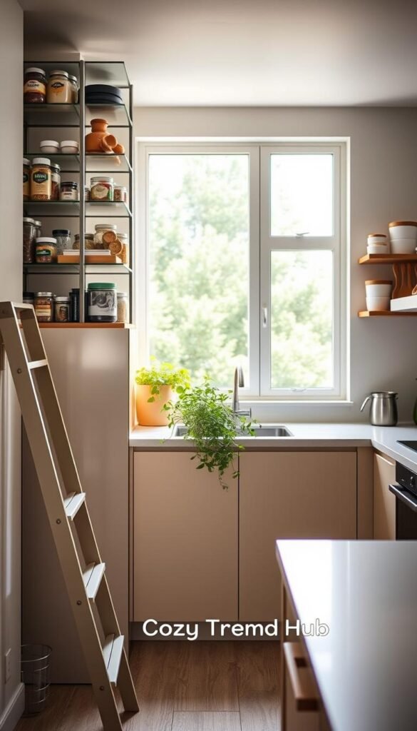 A modern kitchen with an emphasis on vertical storage solutions, showcasing tall shelves filled with neatly arranged kitchen items such as spices, jars, and utensils. The foreground features a stylish step ladder against the shelves, inviting accessibility. In the middle ground, a sleek countertop with minimal clutter showcases a small indoor herb garden, while a large window in the background allows natural sunlight to stream in, creating a warm and welcoming atmosphere. Soft, diffused lighting enhances the organization and cleanliness of the space. The overall mood is cozy and inviting, evoking the charm of a Pinterest-style home. Brand name "CozyTrendHub" subtly integrated into the decor elements.