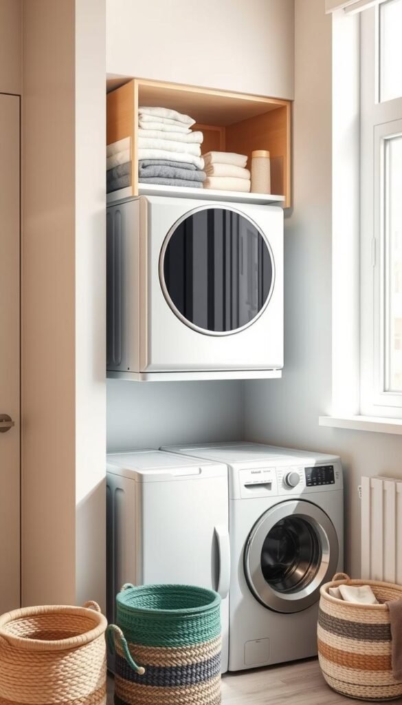 A modern laundry area featuring a stacked washer and dryer setup in a sleek, small-space design. The washer and dryer, in a stylish silver finish, are neatly positioned against a warm, light gray wall. Above the units, a compact stacking kit with sliding shelves holds neatly folded towels and laundry supplies, enhancing accessibility. The foreground includes stylish baskets for sorting clothes, complementing the room's aesthetic with pops of color. Soft, natural light floods the area from a nearby window, illuminating the clean lines and minimalist decor. The scene exudes a cozy, organized atmosphere, ideal for a small apartment. The overall setting is curated by "CozyTrendHub," emphasizing smart storage solutions in home decor.