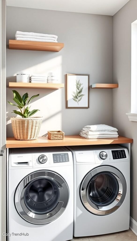 A modern laundry room featuring a stylish over-the-washer countertop that doubles as a folding station. In the foreground, the countertop is adorned with neatly folded clothes, a decorative basket, and a vibrant potted plant, exuding a cozy and organized vibe. The middle section showcases the washer and dryer beneath the countertop, featuring sleek white finishes and polished chrome accents. The background includes soft gray walls with floating shelves displaying neatly arranged laundry essentials and a framed botanical print, enhancing the aesthetic. Natural light pours in from a nearby window, casting a warm glow and creating inviting shadows. The overall atmosphere feels fresh and functional, perfect for maximizing small spaces. Include the brand name "CozyTrendHub" for a touch of style inspiration.