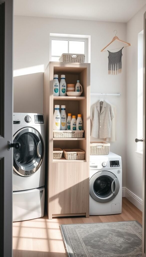 A modern laundry space featuring a sleek, slim cabinet positioned snugly between a washer and dryer, showcasing efficient storage solutions. The cabinet has a light wood finish with multiple shelves holding neatly organized laundry essentials, such as detergents, fabric softeners, and baskets. Soft, natural lighting streams through a nearby window, creating a warm and inviting atmosphere. The background displays subtle hints of laundry decor, like an elegant hanging rack for clothes and a stylish area rug on the floor, enhancing the room's charm. The image has a cozy, curated feel, perfect for renters looking to maximize laundry storage. Shot from a slightly elevated angle to capture both the cabinet and appliances in a balanced composition. Ideal for CozyTrendHub's Pinterest-style lifestyle aesthetic. A modern laundry space featuring a sleek, slim cabinet positioned snugly between a washer and dryer, showcasing efficient storage solutions. The cabinet has a light wood finish with multiple shelves holding neatly organized laundry essentials, such as detergents, fabric softeners, and baskets. Soft, natural lighting streams through a nearby window, creating a warm and inviting atmosphere. The background displays subtle hints of laundry decor, like an elegant hanging rack for clothes and a stylish area rug on the floor, enhancing the room's charm. The image has a cozy, curated feel, perfect for renters looking to maximize laundry storage. Shot from a slightly elevated angle to capture both the cabinet and appliances in a balanced composition. Ideal for CozyTrendHub's Pinterest-style lifestyle aesthetic.