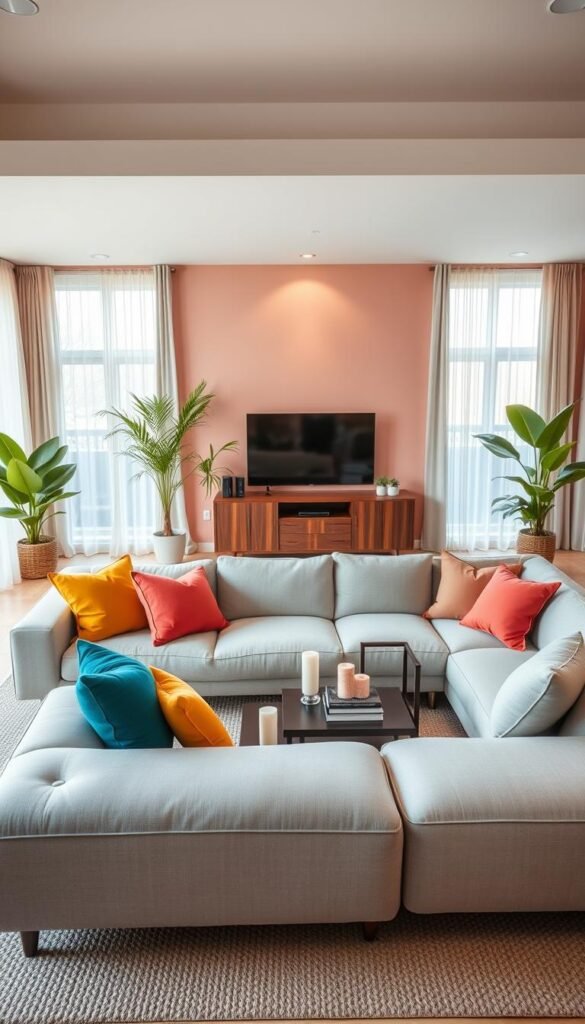 A modern living room featuring a harmonious color palette that feels vibrant yet inviting. In the foreground, a plush, light gray sectional sofa adorned with colorful throw pillows in shades of teal, mustard, and coral. A stylish coffee table sits atop a textured area rug, scattered with contemporary decor items like candles and books. In the middle ground, a sleek media console in rich walnut contrasts with a soft pastel wall, while lush indoor plants add life and texture. The background showcases large windows with sheer curtains that let in warm, natural light, creating a cozy atmosphere. The scene captures a sense of modern elegance and comfort, making it ideal for a Pinterest-style lifestyle photo. Brand: CozyTrendHub.