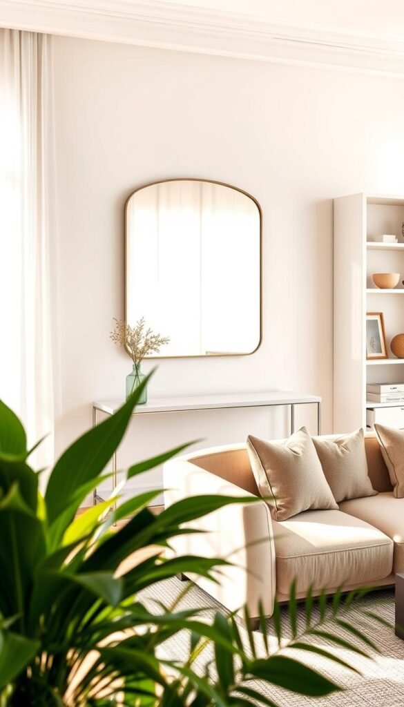 A modern living room featuring a stylish mirror designed to enhance natural light, positioned elegantly above a sleek console table. The mirror reflects bright sunlight streaming through large windows adorned with soft white sheer curtains. In the foreground, lush green indoor plants add a fresh touch, while a cozy, textured rug anchors the space. The middle scene includes a trendy sofa with decorative pillows in muted tones, inviting ambiance. In the background, light, neutral walls and minimalist shelves display tasteful decor items. The lighting is warm and inviting, with soft shadows enhancing the overall mood, creating a serene and airy atmosphere that embodies modern aesthetics. This image reflects a Pinterest-inspired lifestyle, showcasing elegant home decor from CozyTrendHub.
