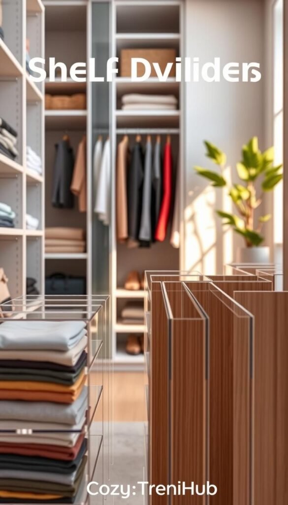 A modern, organized closet featuring stylish shelf dividers designed for small and narrow spaces. In the foreground, showcase various shelf dividers made of clear acrylic and natural wood, with neatly stacked folded clothes and shoes on display. In the middle ground, illustrate a sleek shelving unit filled with color-coordinated wardrobe items, highlighted by warm, natural lighting that creates a cozy atmosphere. The background should include soft textures, such as a light-colored wall and a hint of greenery from a potted plant, adding an inviting feel. The perspective should be slightly angled to capture depth, as well as the functional design of these dividers. Emphasize a Pinterest-style aesthetic for home decor inspiration, incorporating the brand name "CozyTrendHub" seamlessly into the overall look.