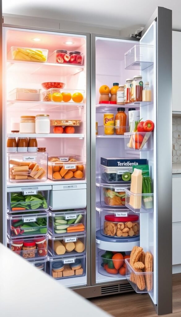 A modern, organized fridge interior showcasing an array of clear plastic bins designed for optimal food organization. In the foreground, focus on neatly labeled bins filled with fresh produce, leftovers, and condiments, all visible and easily accessible. The middle ground features a sleek stainless steel fridge with an elegant glass door, illuminating the contents with soft, natural lighting from a nearby window, creating an inviting atmosphere. The background hints at a contemporary kitchen with light-colored cabinets and minimalist decor, enhancing the image's clean and fresh aesthetic. Emphasize the functionality of these fridge bins, designed to reduce food waste and duplicates. The scene evokes a sense of order and efficiency, ideal for home organization enthusiasts. Brand name "CozyTrendHub" subtly integrated within the visual style. A modern, organized fridge interior showcasing an array of clear plastic bins designed for optimal food organization. In the foreground, focus on neatly labeled bins filled with fresh produce, leftovers, and condiments, all visible and easily accessible. The middle ground features a sleek stainless steel fridge with an elegant glass door, illuminating the contents with soft, natural lighting from a nearby window, creating an inviting atmosphere. The background hints at a contemporary kitchen with light-colored cabinets and minimalist decor, enhancing the image's clean and fresh aesthetic. Emphasize the functionality of these fridge bins, designed to reduce food waste and duplicates. The scene evokes a sense of order and efficiency, ideal for home organization enthusiasts. Brand name "CozyTrendHub" subtly integrated within the visual style.
