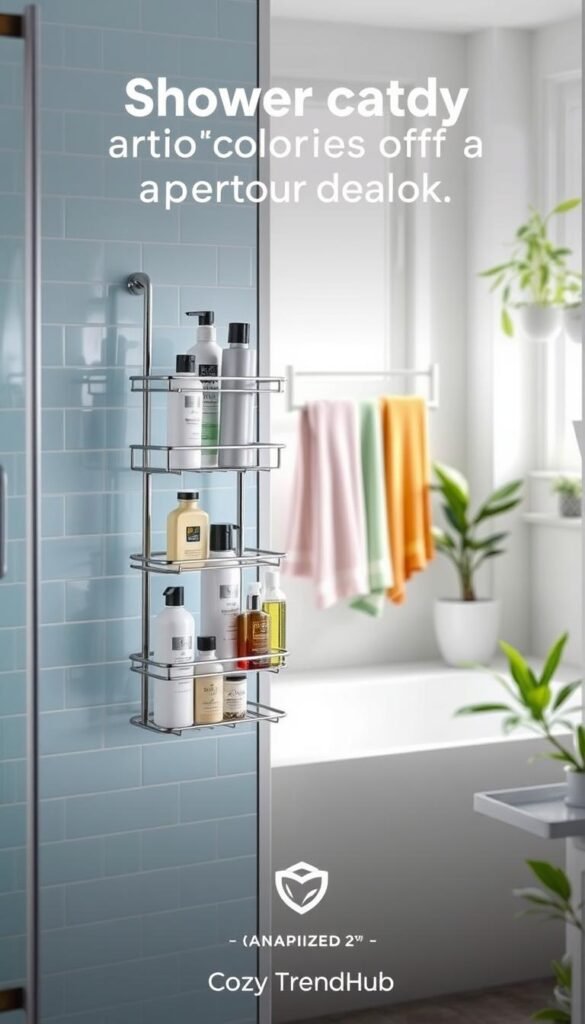 A modern shower caddy elegantly organized to keep bottles off the floor, featuring multiple shelves with various bath products like shampoos, conditioners, and body wash. The foreground showcases the caddy in a bright and airy bathroom setting, with soft natural light streaming in from a nearby window, creating a warm and inviting atmosphere. The caddy is made of stainless steel with a sleek design, complemented by a soft blue tile backdrop. In the middle ground, a few colorful towels hang neatly on a rack, enhancing the homey feel. The background includes hints of lush green plants and minimalist decor, promoting a fresh and clean vibe. The scene conveys practicality and style, ideal for apartment living. Brand name “CozyTrendHub” subtly incorporated into the overall aesthetic. A modern shower caddy elegantly organized to keep bottles off the floor, featuring multiple shelves with various bath products like shampoos, conditioners, and body wash. The foreground showcases the caddy in a bright and airy bathroom setting, with soft natural light streaming in from a nearby window, creating a warm and inviting atmosphere. The caddy is made of stainless steel with a sleek design, complemented by a soft blue tile backdrop. In the middle ground, a few colorful towels hang neatly on a rack, enhancing the homey feel. The background includes hints of lush green plants and minimalist decor, promoting a fresh and clean vibe. The scene conveys practicality and style, ideal for apartment living. Brand name “CozyTrendHub” subtly incorporated into the overall aesthetic.