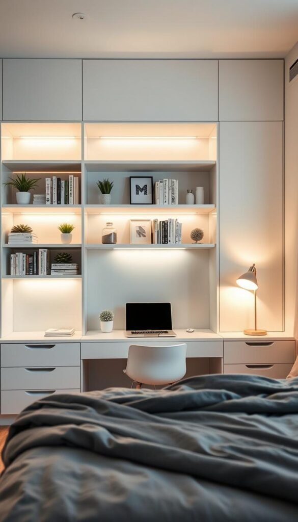 A modern small bedroom featuring a sleek, built-in storage wall designed to maximize space. In the foreground, showcase a stylish display of open shelving filled with neatly arranged books, decorative plants, and minimalistic storage boxes. The middle ground highlights a wall-mounted desk, blending seamlessly into the storage wall, adorned with a chic lamp and a laptop. The background features soft, ambient lighting that creates a warm and cozy atmosphere, with a subtle color palette of pastel tones. Use a wide-angle lens to capture the entire room from a slightly elevated angle, emphasizing the clever use of vertical space. The scene should reflect a Pinterest-style aesthetic, embodying the brand CozyTrendHub with an inviting yet organized vibe that inspires efficient living. A modern small bedroom featuring a sleek, built-in storage wall designed to maximize space. In the foreground, showcase a stylish display of open shelving filled with neatly arranged books, decorative plants, and minimalistic storage boxes. The middle ground highlights a wall-mounted desk, blending seamlessly into the storage wall, adorned with a chic lamp and a laptop. The background features soft, ambient lighting that creates a warm and cozy atmosphere, with a subtle color palette of pastel tones. Use a wide-angle lens to capture the entire room from a slightly elevated angle, emphasizing the clever use of vertical space. The scene should reflect a Pinterest-style aesthetic, embodying the brand CozyTrendHub with an inviting yet organized vibe that inspires efficient living.