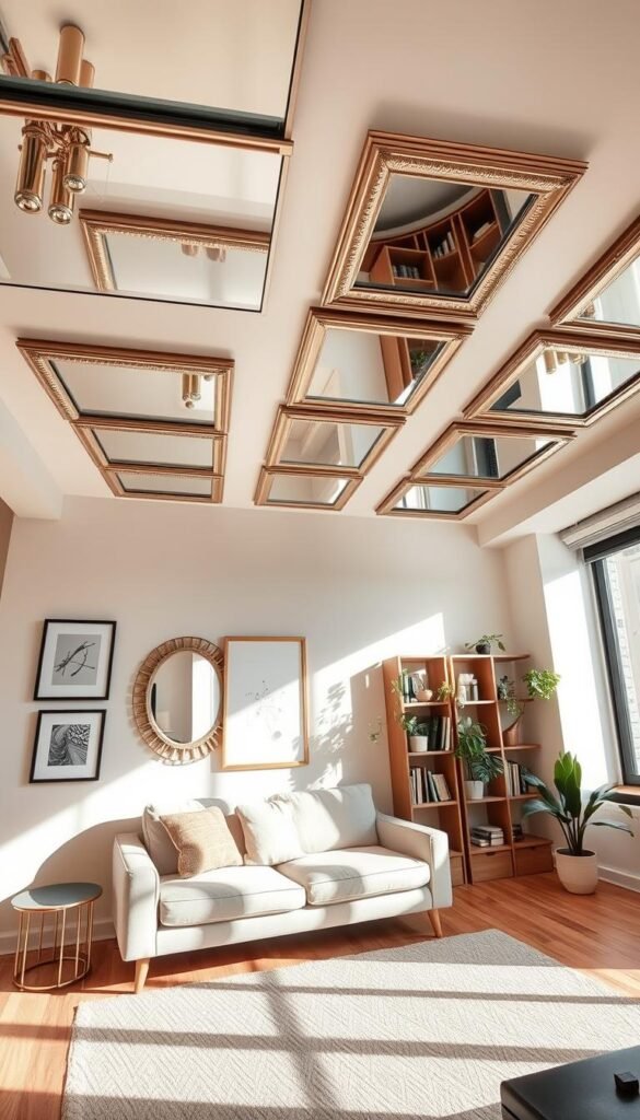 A modern, stylish apartment interior featuring mirrors on the ceiling that create an illusion of height. In the foreground, a cozy and well-decorated living room with a chic low-profile sofa set against a wall adorned with framed artwork and decorative mirrors. The middle ground showcases the ceiling lined with elegantly framed mirrors that reflect soft, ambient lighting, enhancing the spacious feel of the room. In the background, a simple bookshelf filled with books and decorative items, complemented by indoor plants that add a touch of greenery. The overall atmosphere is warm and inviting, with natural light streaming in through a window, emphasizing a cozy, stylish aesthetic suitable for apartment living. Captured with a wide-angle lens to highlight space, exuding a Pinterest-worthy lifestyle vibe. CozyTrendHub. A modern, stylish apartment interior featuring mirrors on the ceiling that create an illusion of height. In the foreground, a cozy and well-decorated living room with a chic low-profile sofa set against a wall adorned with framed artwork and decorative mirrors. The middle ground showcases the ceiling lined with elegantly framed mirrors that reflect soft, ambient lighting, enhancing the spacious feel of the room. In the background, a simple bookshelf filled with books and decorative items, complemented by indoor plants that add a touch of greenery. The overall atmosphere is warm and inviting, with natural light streaming in through a window, emphasizing a cozy, stylish aesthetic suitable for apartment living. Captured with a wide-angle lens to highlight space, exuding a Pinterest-worthy lifestyle vibe. CozyTrendHub.