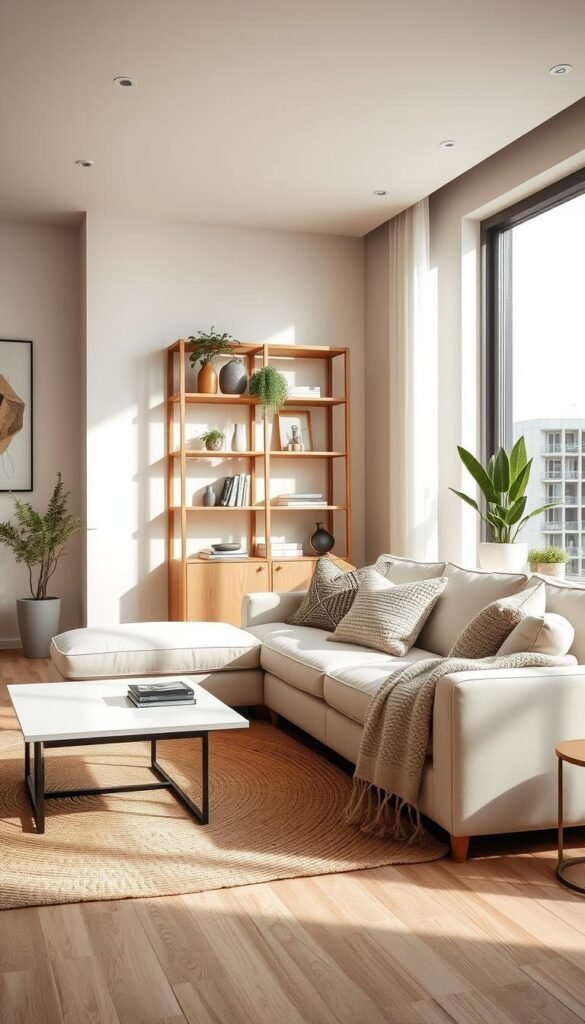 A modern, stylish apartment room decorated in neutral tones, showcasing a harmonious blend of soft beige, warm gray, and creamy white hues. In the foreground, a plush, off-white sofa, adorned with textured cushions and a cozy knitted throw, invites relaxation. A sleek coffee table with a minimalist design sits atop a light jute rug. In the middle ground, an elegant, wooden bookshelf filled with curated decor items and potted greenery creates an inviting atmosphere. A large window in the background allows natural light to flood the space, casting soft shadows. The walls are adorned with abstract art in muted colors. The scene conveys tranquility and sophistication, perfectly embodying the essence of modern neutral decor. Capturing the essence of contemporary living, the image is styled in the aesthetic of CozyTrendHub.