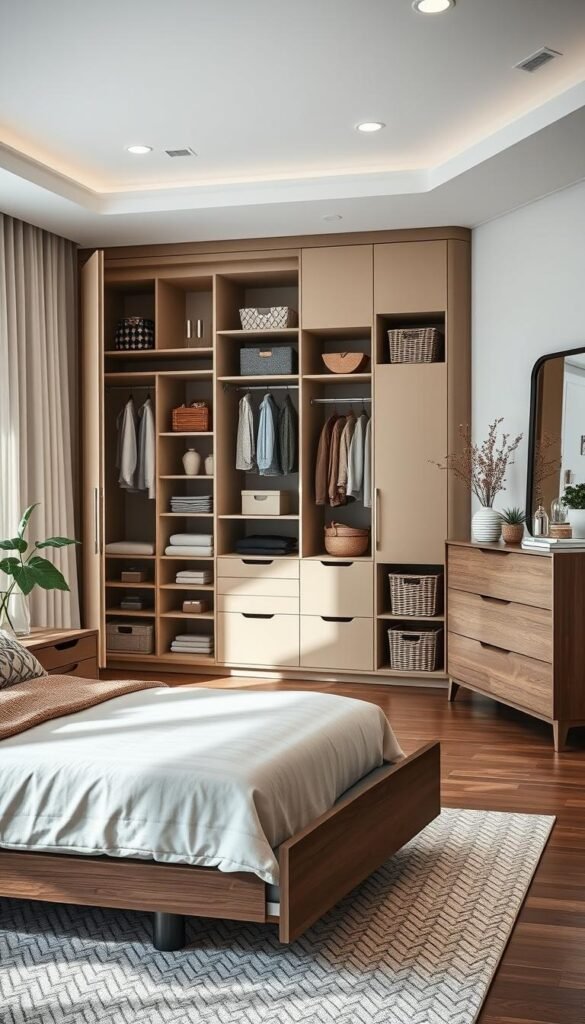 A modern, stylish bedroom featuring innovative storage solutions that maximize space. In the foreground, a neatly made bed with decorative pillows and a plush throw blanket sits beside a sleek, multifunctional nightstand with a built-in drawer. The middle showcases an open wardrobe revealing neatly organized shelves and hanging space, with stylish baskets for small items. A corner features a tall, elegant dresser with a mirror, enhancing the sense of openness. The background is softly illuminated by natural sunlight filtering through sheer curtains, creating a warm and inviting atmosphere. The room is adorned with tasteful decor, plants, and art, reflecting a CozyTrendHub aesthetic. The lens angle captures the entire room while emphasizing the clever storage elements, making it feel spacious and organized.