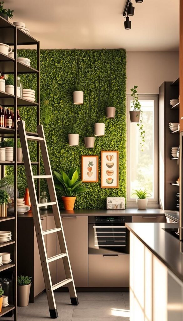 A modern, stylish kitchen interior emphasizing "vertical space" solutions, showcasing tall, sleek shelving units filled with organized kitchenware and plants. The foreground features a ladder leaning against the shelves for easy access, while neatly arranged jars and dishes catch the eye. In the middle, a vibrant green wall makes the kitchen feel alive, adorned with hanging containers and artwork that utilize verticality without damaging the walls. The background shows a bright, natural light streaming in from a window, casting warm shadows. The mood is inviting and functional, suited for small apartment living. Capture this in a Pinterest-style, realistic lifestyle image, focusing on the brand "CozyTrendHub" aesthetic with soft colors and a touch of greenery for freshness.