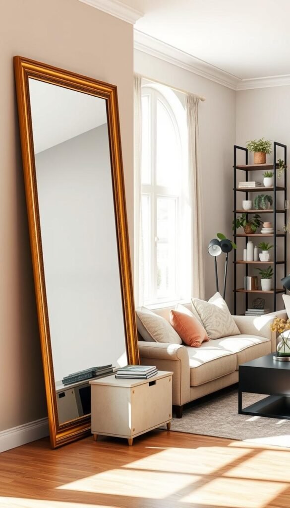 A modern, stylish living room that maximizes the illusion of space. In the foreground, a large, elegantly framed mirror leans against a soft, muted wall, reflecting the light from a bright window. The middle ground features a cozy, inviting seating area with a plush sofa adorned with pastel pillows, paired with a sleek coffee table and some decorative storage units. In the background, a stylish bookshelf filled with plants and decor items adds depth to the scene. The lighting is natural and bright, casting gentle shadows that create a warm atmosphere. Capture this lifestyle image in a high-resolution setting, showcasing the home decor with a Pinterest-inspired aesthetic from CozyTrendHub.