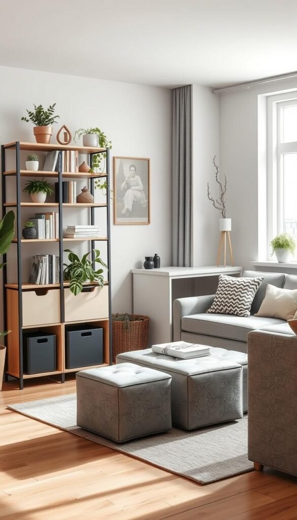 A modern, stylish small living space showcasing innovative storage solutions designed for apartments and small homes. In the foreground, a beautifully organized multipurpose shelving unit contains plants, books, and decorative storage bins, while a sleek, compact desk with hidden compartments is perfectly positioned beside it. The middle ground features a cozy seating area adorned with elegantly arranged cushions and a minimalist coffee table, complemented by chic storage ottomans. The background presents a bright, airy window allowing soft natural light to illuminate the scene, enhancing the warm and inviting atmosphere. The image conveys a sense of harmonious living, ideal for maximizing small spaces and seasonal changes, reflecting the essence of CozyTrendHub's aesthetic. The composition should be shot with a 35mm lens at a slight angle, emphasizing depth and inviting viewers into the scene.