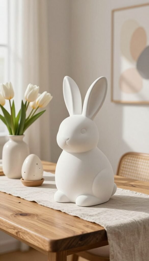 A modern, subtle bunny decor piece for adults, elegantly displayed on a rustic wooden table. In the foreground, a soft, plush white bunny with clean lines and a minimalist design sits beside a small vase of fresh tulips. The middle ground includes a refined selection of Easter-themed decor, such as an artisan ceramic egg and a light linen table runner. In the background, a softly lit room with pastel-colored walls and abstract art creates a calming atmosphere. Natural sunlight filters in through sheer curtains, casting gentle shadows. The scene embodies a sense of whimsy without being overdone, perfect for showcasing cozy, modern Easter decor. This image embodies the essence of CozyTrendHub's aesthetic, portraying a stylish blend of sophistication and playful charm.