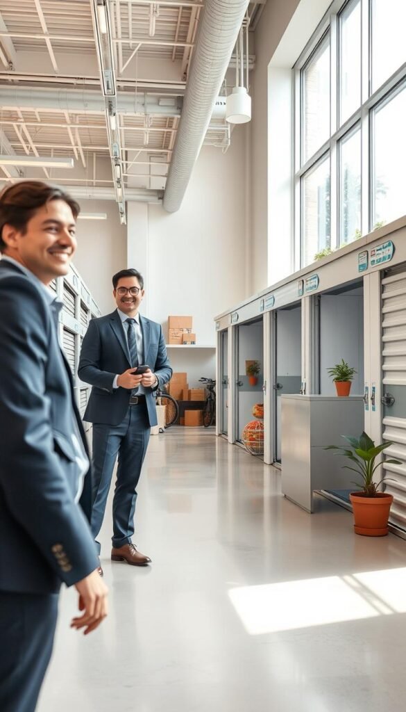 A modern temporary storage facility showcasing a variety of storage units in a sleek, well-organized environment. In the foreground, a friendly and professional employee in business attire interacts with a satisfied customer. The middle ground features multiple clean, secure storage units with clear labels, showcasing items like boxes, furniture, and bicycles stacked neatly. The background displays a well-lit reception area with potted plants and a welcoming desk, creating a warm and inviting atmosphere. Use natural daylight filtering through large windows, emphasizing a fresh, businesslike vibe. The image should evoke a sense of reliability and convenience, perfect for illustrating the concept of temporary storage options. Ideal for CozyTrendHub's lifestyle aesthetics. A modern temporary storage facility showcasing a variety of storage units in a sleek, well-organized environment. In the foreground, a friendly and professional employee in business attire interacts with a satisfied customer. The middle ground features multiple clean, secure storage units with clear labels, showcasing items like boxes, furniture, and bicycles stacked neatly. The background displays a well-lit reception area with potted plants and a welcoming desk, creating a warm and inviting atmosphere. Use natural daylight filtering through large windows, emphasizing a fresh, businesslike vibe. The image should evoke a sense of reliability and convenience, perfect for illustrating the concept of temporary storage options. Ideal for CozyTrendHub's lifestyle aesthetics.