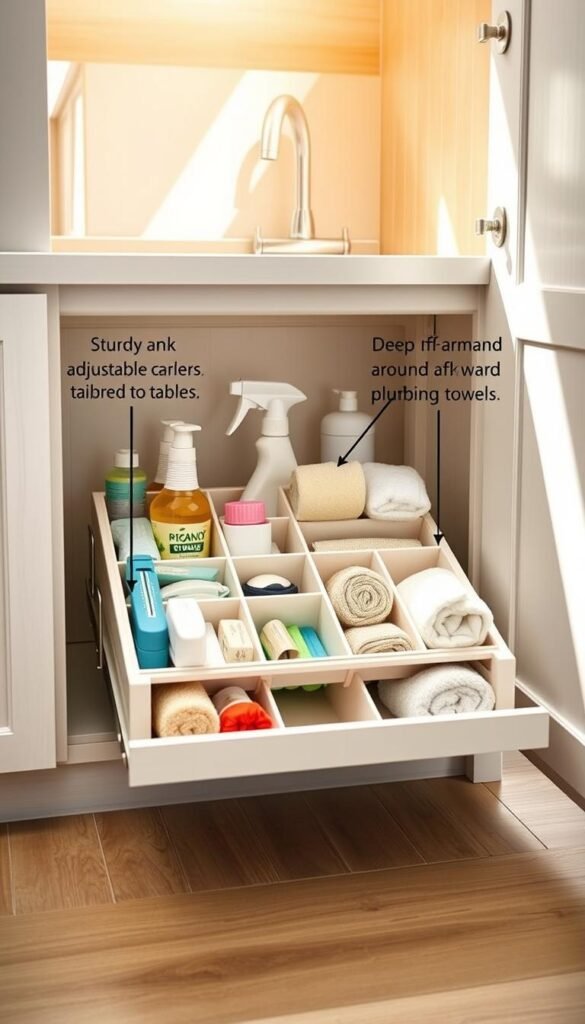 A modern under-sink pull-out drawer organizer beautifully arranged within a spacious cabinet. The foreground features sturdy, adjustable dividers tailored for various household items such as cleaning supplies, sponges, and towels, all in a soft pastel color palette. In the middle, the organizer is pulled out partially, showcasing its easy-glide mechanism and customizable sections. The background illustrates the deep cabinet space, designed around awkward plumbing, with clean lines and a minimalist aesthetic. The lighting is bright and natural, streaming in from an adjacent cabinet, creating a warm, inviting atmosphere. Capture the image at a slightly elevated angle with a 35mm lens to emphasize depth and detail. Styled to fit contemporary home decor, this image embodies the brand "CozyTrendHub". A modern under-sink pull-out drawer organizer beautifully arranged within a spacious cabinet. The foreground features sturdy, adjustable dividers tailored for various household items such as cleaning supplies, sponges, and towels, all in a soft pastel color palette. In the middle, the organizer is pulled out partially, showcasing its easy-glide mechanism and customizable sections. The background illustrates the deep cabinet space, designed around awkward plumbing, with clean lines and a minimalist aesthetic. The lighting is bright and natural, streaming in from an adjacent cabinet, creating a warm, inviting atmosphere. Capture the image at a slightly elevated angle with a 35mm lens to emphasize depth and detail. Styled to fit contemporary home decor, this image embodies the brand "CozyTrendHub".