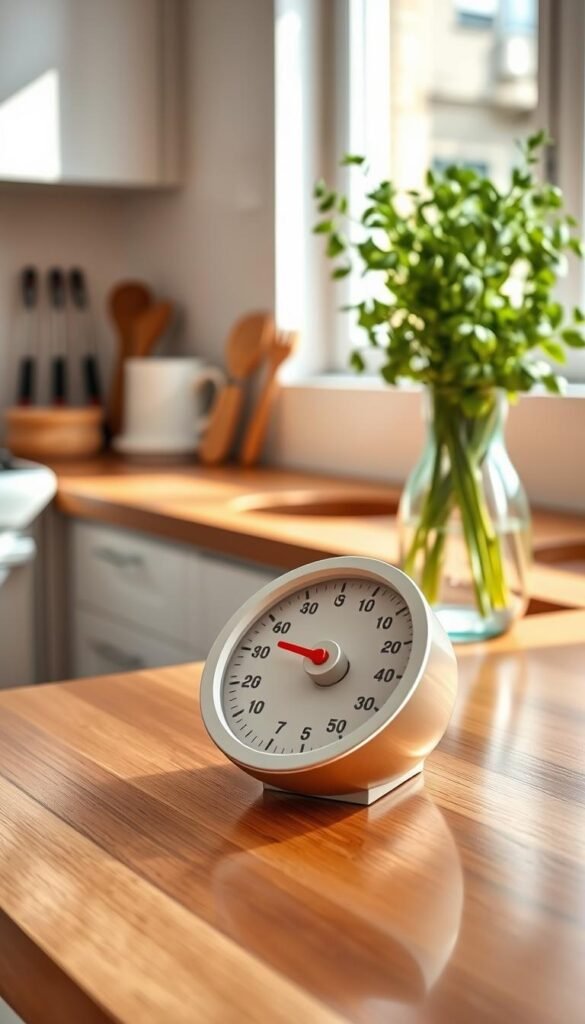 A modern visual kitchen timer sits prominently on a polished wooden countertop, designed with a sleek, minimalist aesthetic in a soft white and silver color scheme. In the foreground, a close-up focus captures the timer's circular dial with clear, bold numbers and a vibrant red pointer, suggesting functionality and style. The middle background features a tidy kitchen environment, with neatly arranged utensils and a bouquet of fresh herbs in a glass vase. Natural light streams in from a nearby window, casting gentle shadows and creating a warm, inviting atmosphere. A warm color palette enhances the cozy feel of this kitchen scene, which represents practical organization and everyday efficiency, perfect for the brand "CozyTrendHub". A modern visual kitchen timer sits prominently on a polished wooden countertop, designed with a sleek, minimalist aesthetic in a soft white and silver color scheme. In the foreground, a close-up focus captures the timer's circular dial with clear, bold numbers and a vibrant red pointer, suggesting functionality and style. The middle background features a tidy kitchen environment, with neatly arranged utensils and a bouquet of fresh herbs in a glass vase. Natural light streams in from a nearby window, casting gentle shadows and creating a warm, inviting atmosphere. A warm color palette enhances the cozy feel of this kitchen scene, which represents practical organization and everyday efficiency, perfect for the brand "CozyTrendHub".