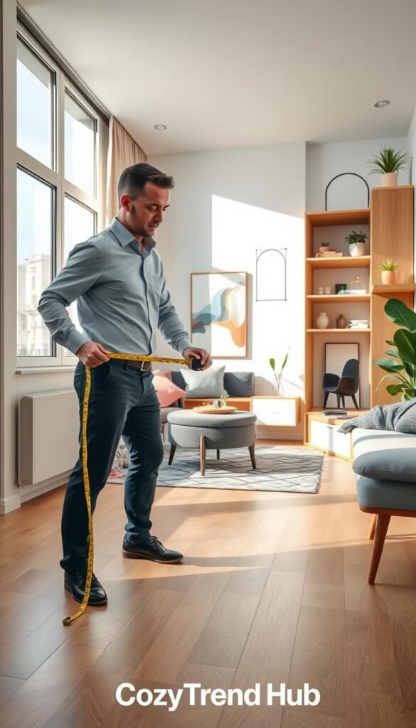 A modern, well-designed small apartment interior featuring a stylish living space with a rich natural light pouring in through large windows. In the foreground, a professional wearing a well-fitted shirt and smart pants is measuring the floor space with a tape measure. A sleek digital measuring device shows door arcs on the wall. The middle ground showcases multifunctional storage solutions like attractive shelving and smart furniture, while maximizing floor space. The background reveals minimalist decor with soft color palettes and potted plants, creating a cozy yet functional atmosphere. The scene should be captured with a warm, inviting lens, focusing on the interaction between the person and the space, in a Pinterest-style aesthetic. Emphasize a sense of organization and clever design, branded subtly as "CozyTrendHub". A modern, well-designed small apartment interior featuring a stylish living space with a rich natural light pouring in through large windows. In the foreground, a professional wearing a well-fitted shirt and smart pants is measuring the floor space with a tape measure. A sleek digital measuring device shows door arcs on the wall. The middle ground showcases multifunctional storage solutions like attractive shelving and smart furniture, while maximizing floor space. The background reveals minimalist decor with soft color palettes and potted plants, creating a cozy yet functional atmosphere. The scene should be captured with a warm, inviting lens, focusing on the interaction between the person and the space, in a Pinterest-style aesthetic. Emphasize a sense of organization and clever design, branded subtly as "CozyTrendHub".
