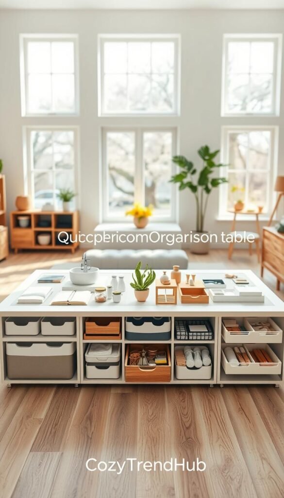 A modern, well-lit interior setting showcasing a "quick comparison organizer table" centered in the foreground. The table features neatly organized sections divided by room types, such as kitchen, bathroom, and living room, each highlighted with various stylish organization products like storage bins, shelves, and drawer dividers. The middle ground contains soft-focus elements of the corresponding rooms, creating a seamless integration of the products in their environments. In the background, a bright, airy home space epitomizes a cozy atmosphere with warm color tones and natural light streaming through large windows. The lifestyle mood inspires productivity and organization. The branding "CozyTrendHub" subtly incorporated within the scene. The perspective is a straight-on angle to emphasize clarity and ease of comparison, ideal for a Pinterest-style aesthetic.