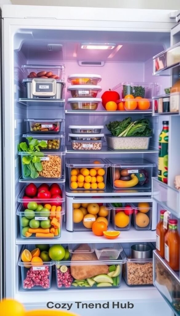 A modern, well-organized fridge filled with a variety of fresh foods and colorful produce, showcasing fridge and freezer organizers designed to reduce food waste. In the foreground, clear plastic bins neatly hold fruits and vegetables, labeled and easily accessible. The middle section displays shelves arranged with meal-prep containers and leftovers, alongside a clean, minimalist aesthetic. The background shows a white fridge with stainless steel accents, gently illuminated by soft, natural light coming from a nearby window, casting a warm glow. The atmosphere is inviting and functional, emphasizing practicality in organization while still being visually appealing. The image reflects the brand "CozyTrendHub," integrating elements of contemporary home decor and seasonal styles.