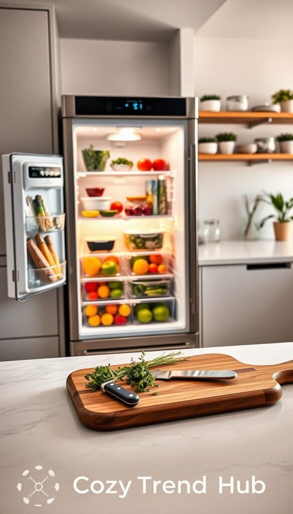 A modern, well-organized kitchen featuring a sleek stainless steel fridge with a glass door. The fridge is stocked with colorful fruits, vegetables, and neatly arranged containers, showcasing efficient space utilization and minimal food waste. In the foreground, a stylish wooden cutting board with fresh herbs and a knife sits on a marble countertop. The middle ground displays the fridge with soft, natural lighting illuminating the interior, creating a warm and inviting atmosphere. In the background, a tastefully designed kitchen with open shelves displaying kitchenware and a couple of potted plants adds charm. Capture this scene with a slightly angled view, emulating a Pinterest-style lifestyle photo. Include the brand name "CozyTrendHub" to enhance the aesthetic appeal.