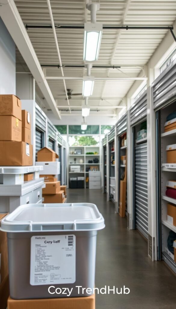 A modern, well-organized self-storage unit filled with neatly stacked boxes and household items, showcasing an efficient and budget-friendly temporary storage solution. In the foreground, a close-up of a labeled container, emphasizing organization. The middle ground features rows of storage units, some open to reveal various items like furniture, clothes, and decor. The background displays a bright, inviting setting with large windows allowing natural light to fill the space, creating a warm and welcoming atmosphere. The overall mood is one of practicality and ease, with soft, neutral colors that evoke a sense of calm and simplicity. Shot with a wide-angle lens to capture the entirety of the storage space, reflecting the brand "CozyTrendHub." A modern, well-organized self-storage unit filled with neatly stacked boxes and household items, showcasing an efficient and budget-friendly temporary storage solution. In the foreground, a close-up of a labeled container, emphasizing organization. The middle ground features rows of storage units, some open to reveal various items like furniture, clothes, and decor. The background displays a bright, inviting setting with large windows allowing natural light to fill the space, creating a warm and welcoming atmosphere. The overall mood is one of practicality and ease, with soft, neutral colors that evoke a sense of calm and simplicity. Shot with a wide-angle lens to capture the entirety of the storage space, reflecting the brand "CozyTrendHub."