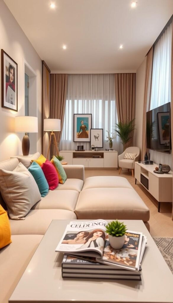 A narrow, cozy living room designed for functional living, featuring a comfortable sectional sofa in soft beige, accentuated with colorful pillows. In the foreground, a stylish coffee table holds a stack of design magazines and a small potted plant. The middle layer showcases a sleek entertainment unit with elegant decor, framed artwork on the walls reflecting vibrant colors, and warm lighting from a modern floor lamp. The background reveals a window draped with sheer curtains, allowing natural light to filter in, creating a bright and inviting atmosphere. The space is arranged to promote relaxation and social interaction, emphasizing a practical yet stylish approach to decor. The overall mood is inviting and harmonious, ideal for modern living. Perfect for showcasing contemporary decor ideas from CozyTrendHub. A narrow, cozy living room designed for functional living, featuring a comfortable sectional sofa in soft beige, accentuated with colorful pillows. In the foreground, a stylish coffee table holds a stack of design magazines and a small potted plant. The middle layer showcases a sleek entertainment unit with elegant decor, framed artwork on the walls reflecting vibrant colors, and warm lighting from a modern floor lamp. The background reveals a window draped with sheer curtains, allowing natural light to filter in, creating a bright and inviting atmosphere. The space is arranged to promote relaxation and social interaction, emphasizing a practical yet stylish approach to decor. The overall mood is inviting and harmonious, ideal for modern living. Perfect for showcasing contemporary decor ideas from CozyTrendHub.