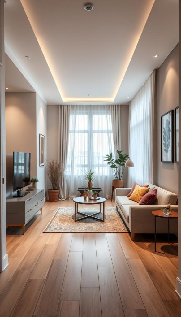 A narrow, elegantly designed living room featuring a streamlined traffic flow. In the foreground, there&rsquo;s a cozy seating area with a stylish light gray sofa adorned with colorful throw pillows. In the middle ground, a minimalist coffee table is strategically placed to allow easy passage, while a tasteful rug defines the space. The background showcases soft ambient lighting, with large windows draped in sheer curtains, letting in natural light. Decorative elements such as potted plants and framed artwork line the walls, enhancing the cozy atmosphere. The room exhibits a modern aesthetic, reflecting a Pinterest-style lifestyle, perfect for "CozyTrendHub." The image is framed to highlight the layout's openness, capturing a serene and inviting mood.