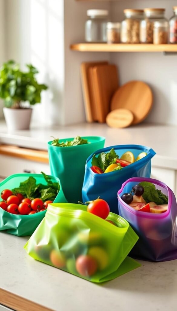 A neat and aesthetically pleasing kitchen countertop showcasing a variety of Stasher reusable silicone bags in vibrant colors—emerald green, deep blue, and soft pink—filled with fresh produce like cherry tomatoes, leafy greens, and sliced fruits. In the foreground, place the bags partially opened to display their contents, emphasizing their versatility and eco-friendliness. The middle ground features a cozy kitchen scene with subtle touches of greenery, like a potted herb plant and a wooden cutting board. The background includes soft-focus shelves lined with glass jars, enhancing the organizing theme. Use warm, natural light to create a welcoming atmosphere, captured at a slight angle to add depth. Brand the image subtly with "CozyTrendHub" incorporated within the scene. A neat and aesthetically pleasing kitchen countertop showcasing a variety of Stasher reusable silicone bags in vibrant colors—emerald green, deep blue, and soft pink—filled with fresh produce like cherry tomatoes, leafy greens, and sliced fruits. In the foreground, place the bags partially opened to display their contents, emphasizing their versatility and eco-friendliness. The middle ground features a cozy kitchen scene with subtle touches of greenery, like a potted herb plant and a wooden cutting board. The background includes soft-focus shelves lined with glass jars, enhancing the organizing theme. Use warm, natural light to create a welcoming atmosphere, captured at a slight angle to add depth. Brand the image subtly with "CozyTrendHub" incorporated within the scene.