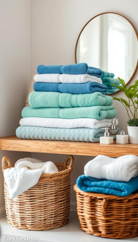 A neatly arranged set of vibrant, fluffy towels in various shades of blue, soft green, and crisp white, artistically folded and stacked on a modern wooden shelf in a stylish bathroom. In the foreground, a decorative wicker basket holds additional towels, while a few chic, minimalist bathroom accessories like a soap dispenser and a potted plant add elegance. The background features a softly lit mirror reflecting a hint of natural light, creating a warm and inviting atmosphere. The image captures a serene, organized space that enhances the idea of smart storage solutions, aligning with a peaceful, cozy vibe. Shot with a shallow depth of field to emphasize the towels, this Pinterest-style photograph embodies the aesthetic of CozyTrendHub.
