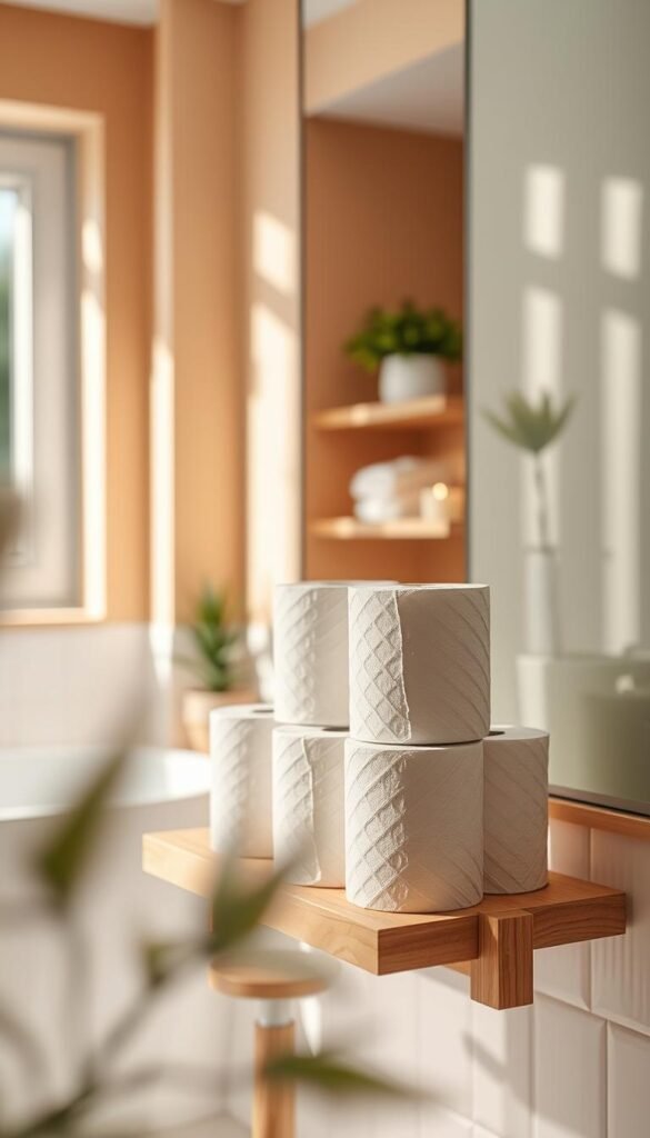 A neatly arranged stack of soft, plush toilet paper rolls in soothing pastel colors&mdash;cutting-edge design with eco-friendly materials. In the foreground, a tastefully designed wooden bathroom shelf holds the toilet paper, with a few decorative items like small potted plants and scented candles for added charm. The middle ground features a hint of a clean, organized bathroom setting, lightly blurred out to focus on the shelf. In the background, a cozy, warm-toned bathroom wall is painted in a soft hue, creating a welcoming atmosphere. Natural light streams in from a window, casting gentle shadows that enhance the texture of the materials. The overall mood is calm and inviting, embodying the home decor aesthetics of CozyTrendHub.